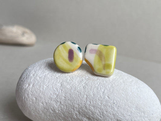 Handmade Ceramic Stud mismatched earrings with Sterling Silver