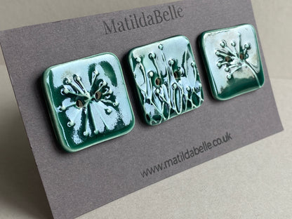 Buttons set of 3 Large Square Botanical  Ceramic Buttons