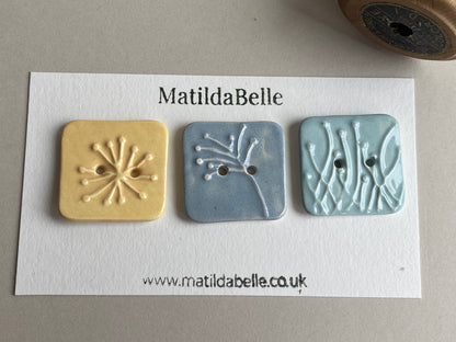 Buttons Set of 3 Botanical Square Handmade Ceramic Buttons