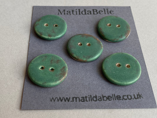 Buttons set of five round 22mm Green Handmade Ceramic Buttons