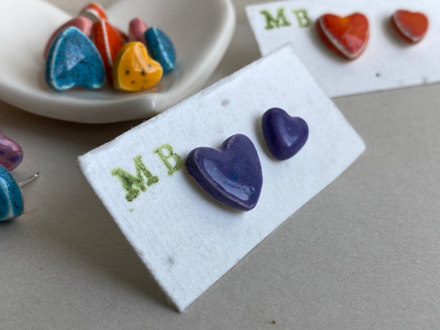 Earrings, Heart Stud earrings handmade ceramic P&P included