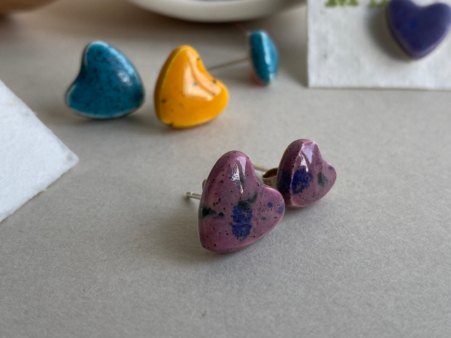 Earrings, Heart Stud earrings handmade ceramic P&P included