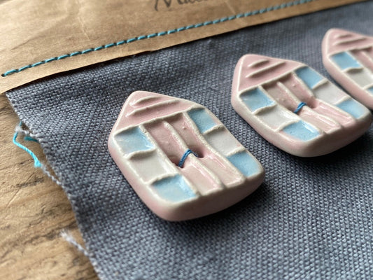 Set of 4 Handmade Pottery Beach Hut Buttons Pastel Pink