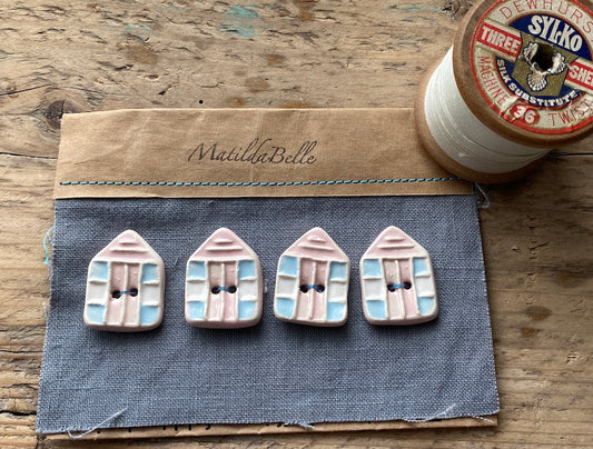 Set of 4 Handmade Pottery Beach Hut Buttons Pastel Pink