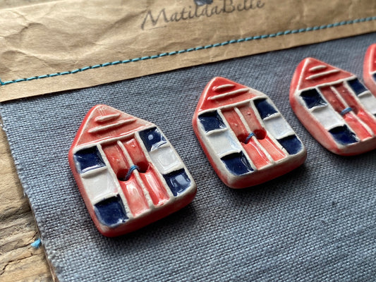 Set of 4 Handmade Pottery Beach hut Buttons Red