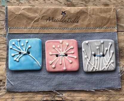 Set of 3 Square Handmade Ceramic Botanical Buttons 35mm