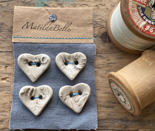 Set of 4 Handmade Pottery Heart Buttons Antique effect 25mm