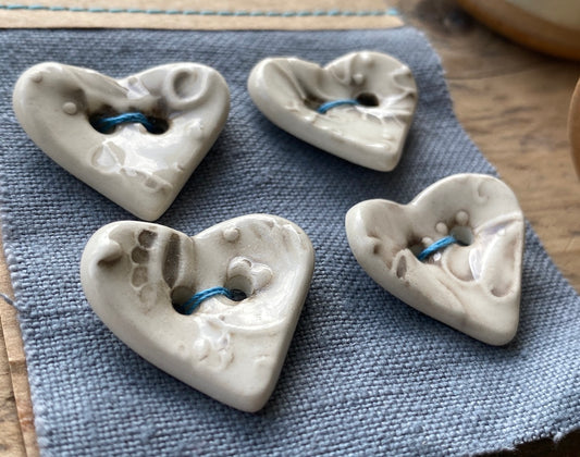 Set of 4 Handmade Pottery Heart Buttons Antique effect 25mm