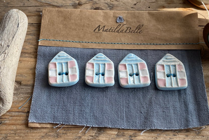 Set of 4 Pottery Beach Hut Buttons Baby Blue 20mm x 28mm