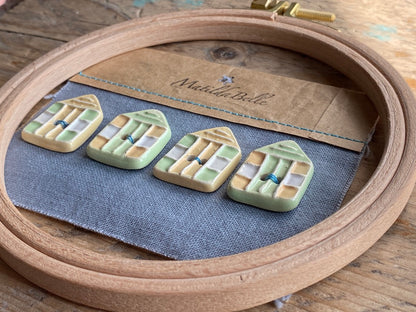 Set of 4 pottery Beach Hut Buttons Yellow and Green