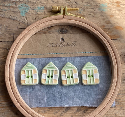 Set of 4 pottery Beach Hut Buttons Yellow and Green