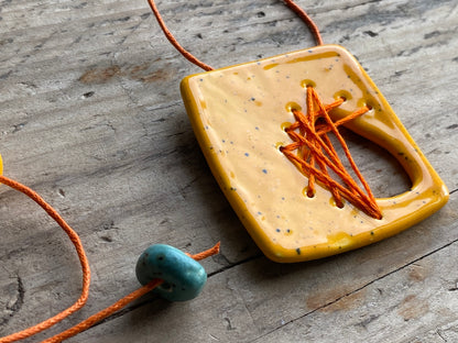 Handmade Ceramic Stitched Pendant Necklace - Square Yellow *reduced