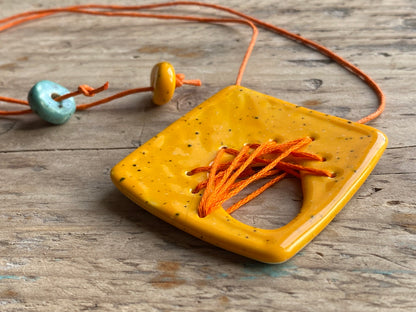 Handmade Ceramic Stitched Pendant Necklace - Square Yellow *reduced