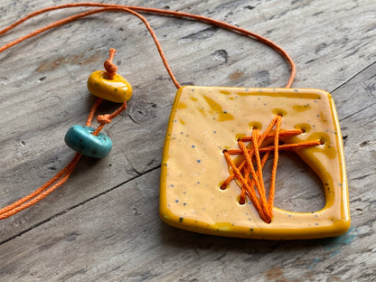 Handmade Ceramic Stitched Pendant Necklace - Square Yellow *reduced