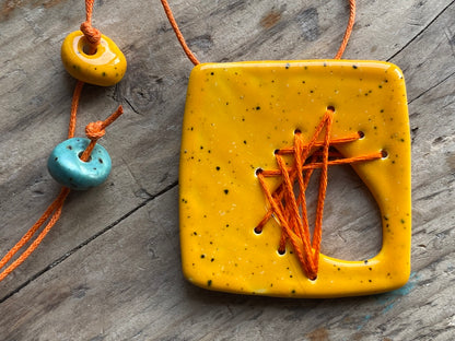 Handmade Ceramic Stitched Pendant Necklace - Square Yellow *reduced