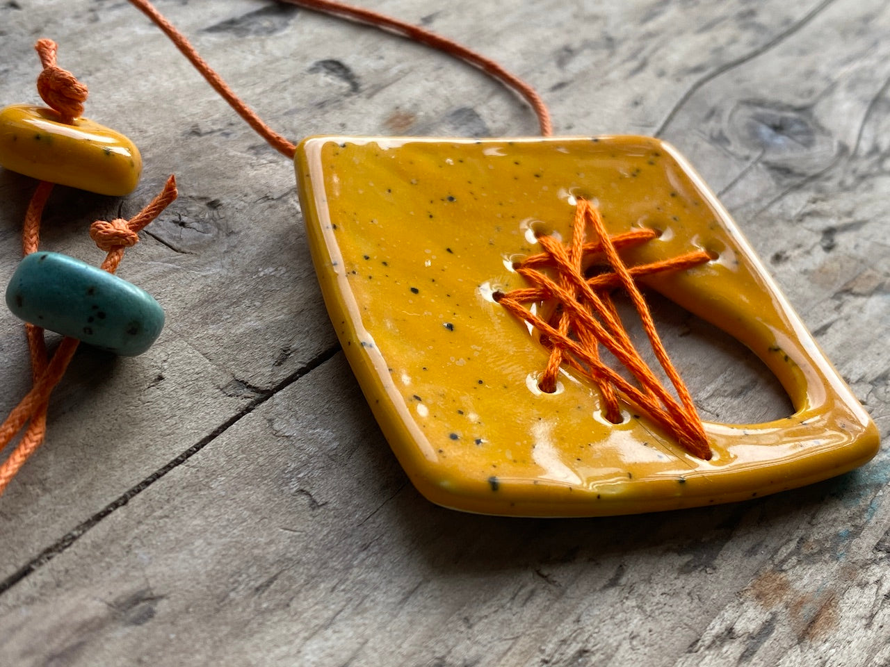 Handmade Ceramic Stitched Pendant Necklace - Square Yellow *reduced