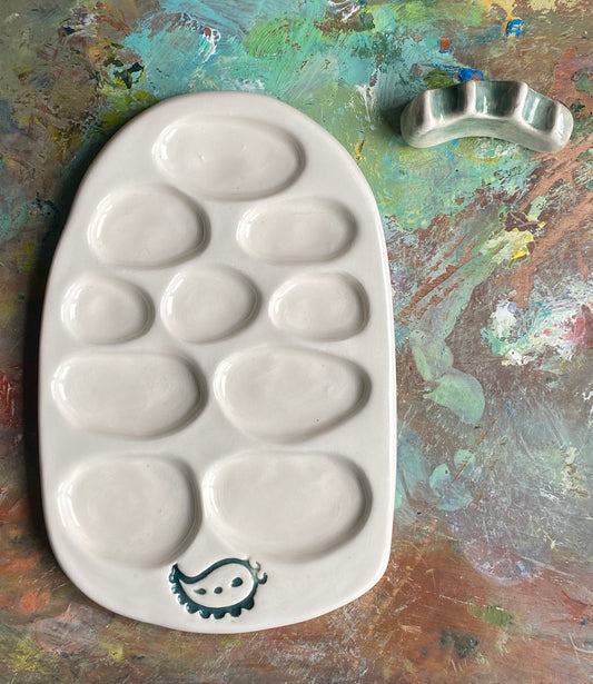 Ceramic Artists Palette Pebble Style with Brush Holder
