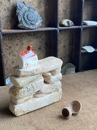 North Yorkshire Pottery Sculptures - Mini Dry Stone Wall with Village House