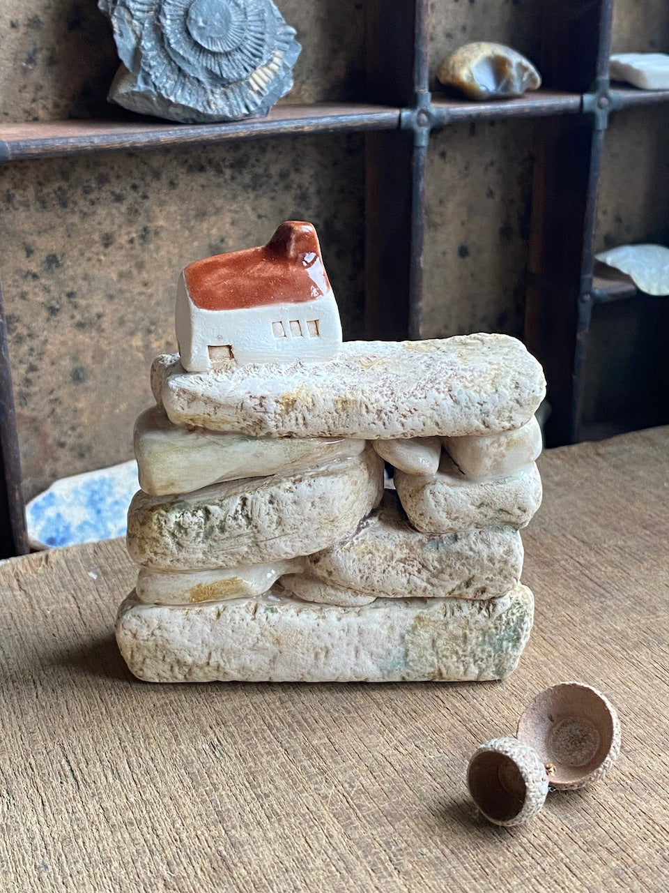 North Yorkshire Pottery Sculptures - Mini Dry Stone Wall with Village House