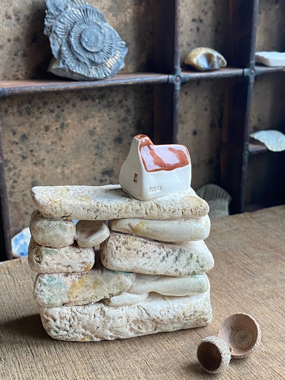 North Yorkshire Pottery Sculptures - Mini Dry Stone Wall with Village House