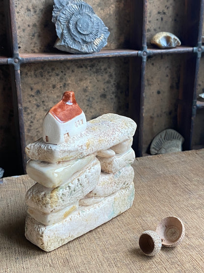 North Yorkshire Pottery Sculptures - Mini Dry Stone Wall with Village House