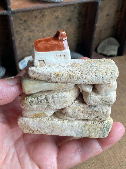 North Yorkshire Pottery Sculptures - Mini Dry Stone Wall with Village House