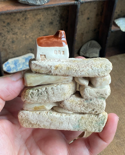 North Yorkshire Pottery Sculptures - Mini Dry Stone Wall with Village House