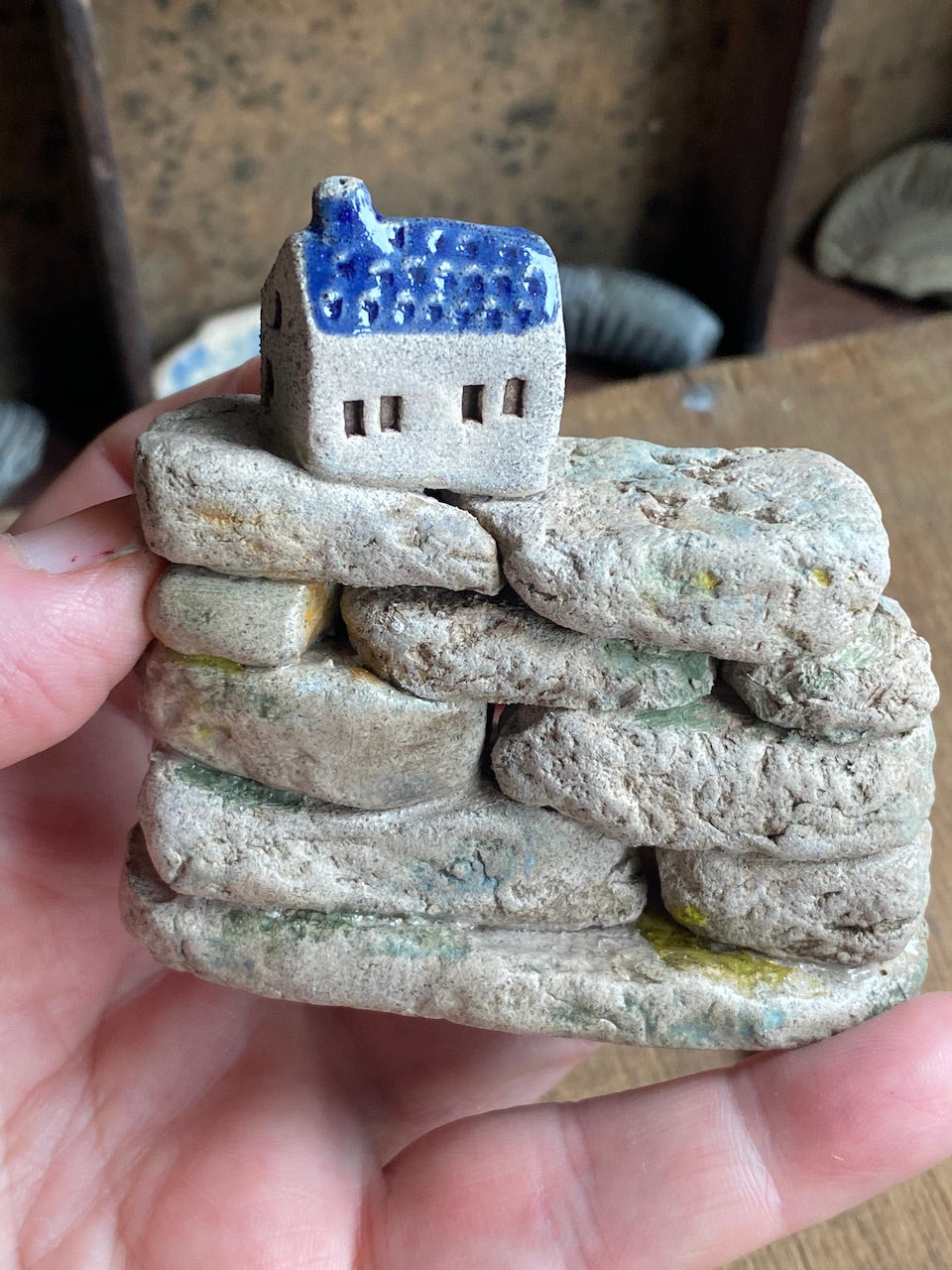 North Yorkshire Pottery Sculptures - Mini Dry Stone Wall with Village House