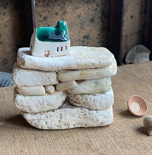 North Yorkshire Inspired Handmade Pottery Sculptures - Mini Dry Stone Wall with Village House