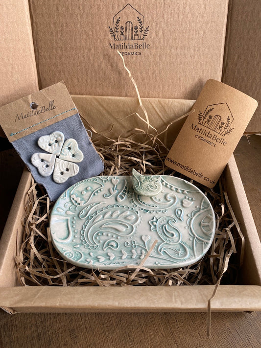 Handmade Ceramic Crafters Gift Box - Scissor Tray, Paisley Heart Buttons & Birdie Needle Minder