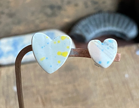 Ceramic Heart Mismatched Heart Stud Earrings - Painterly Glaze, Sterling Silver