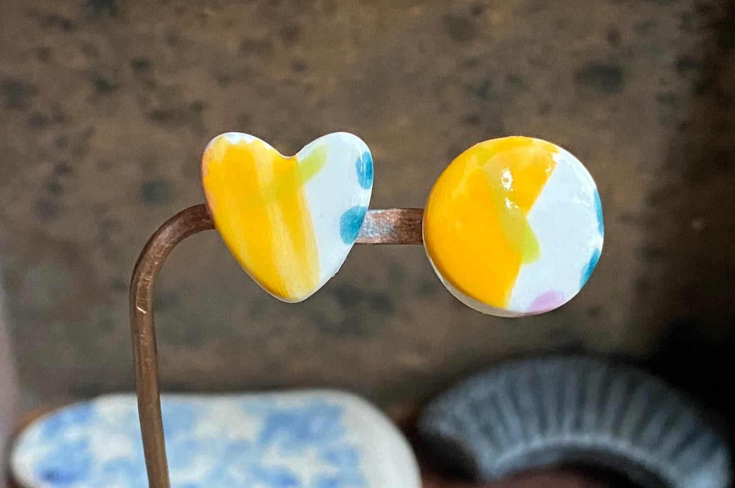Ceramic Heart Mismatched Stud Earrings - Painterly Glaze, Sterling Silver Fixings & Vibrant Tones