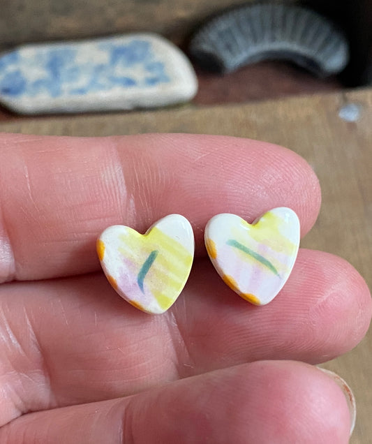 Ceramic Heart Stud Earrings - Painterly Glaze, Sterling Silver Fixings & Delicate Tones