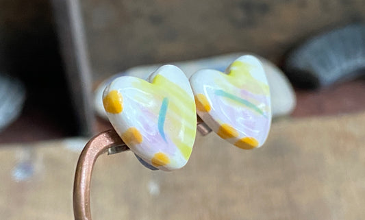 Ceramic Heart Stud Earrings - Painterly Glaze, Sterling Silver Fixings & Delicate Tones