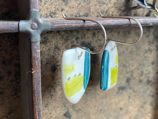 Handmade Ceramic Drop Earrings - Painterly Range, Earthenware Clay & Recycled Sterling Silver