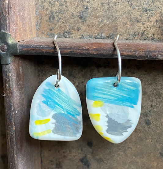 Handmade Ceramic Drop Earrings - Painterly Range, Earthenware Clay & Recycled Sterling Silver