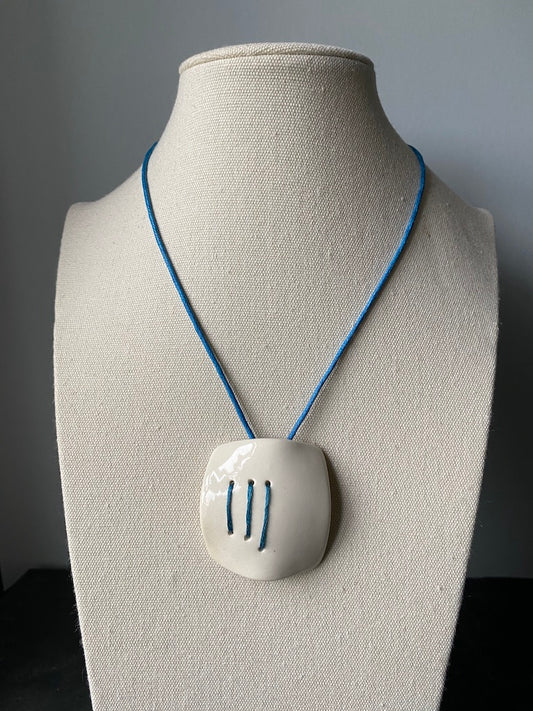Handmade Ceramic Statement Pendant Necklace - Royal Blue Stitching, Lightweight & Adjustable