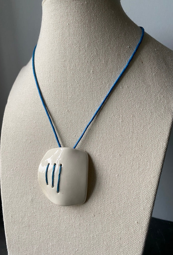 Handmade Ceramic Statement Pendant Necklace - Royal Blue Stitching