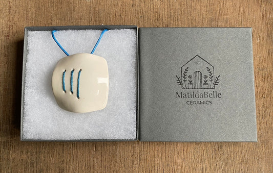 Handmade Ceramic Statement Pendant Necklace - Royal Blue Stitching, Lightweight & Adjustable