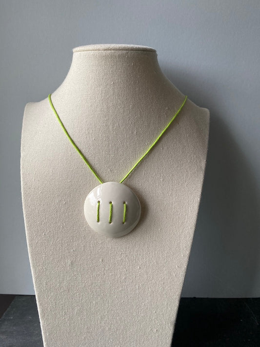 Handmade Ceramic Statement Pendant Necklace - 5cm Round Disk, Lime Green Stitching, Purple Bead Accents