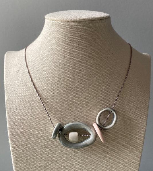 Handmade Ceramic Bead Necklace - Pastel Palette, Grey Silk Cord, Adjustable Length