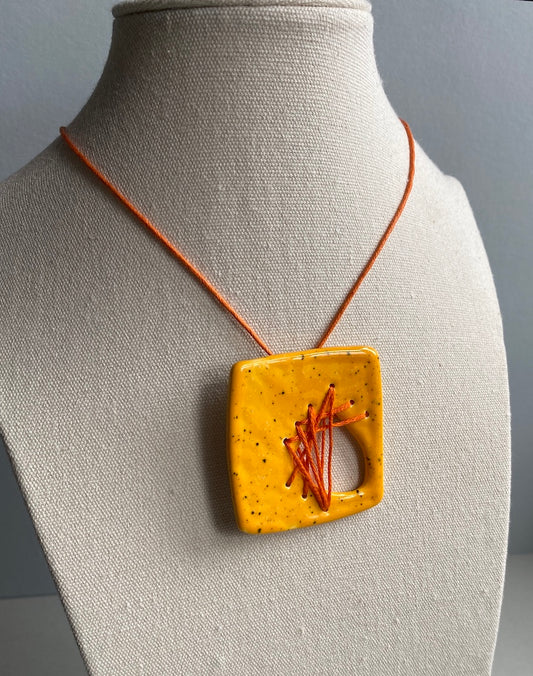 Handmade Ceramic Stitched Pendant Necklace - 5cm Square, Yolky Yellow Glaze, Bright Orange Stitching