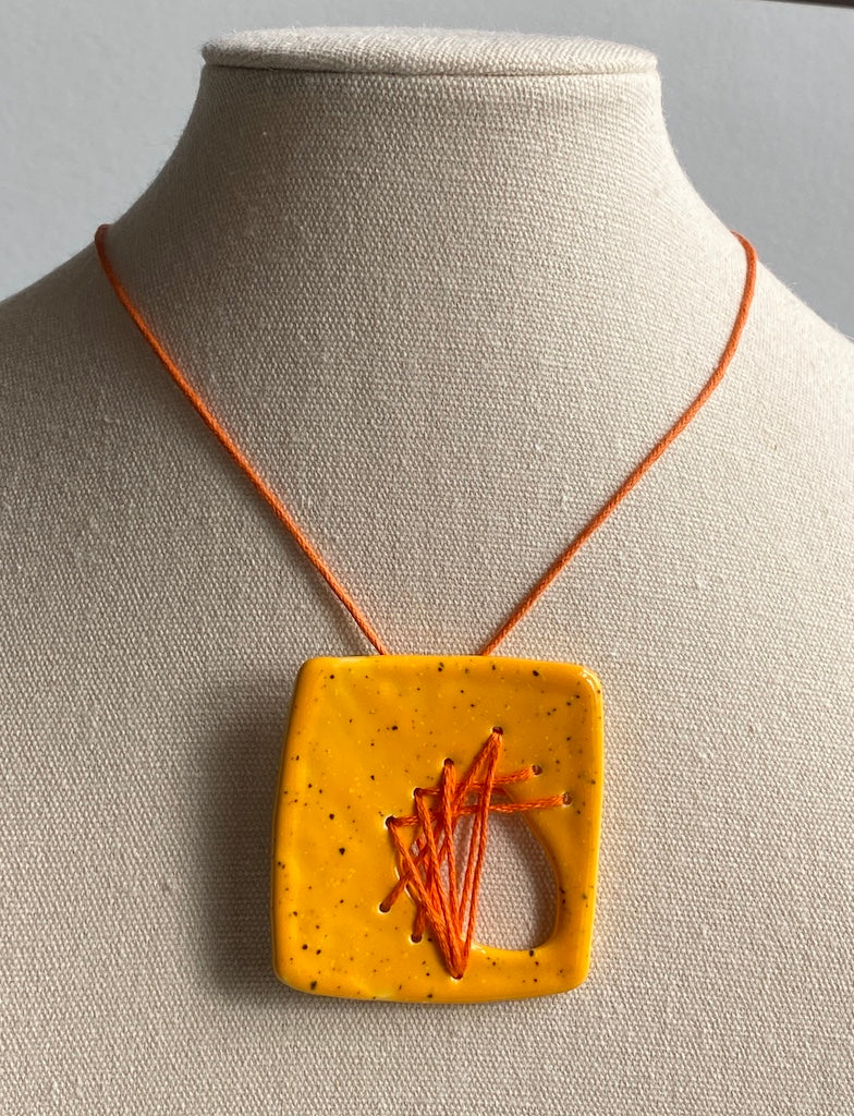 Handmade Ceramic Stitched Pendant Necklace - Square Yellow *reduced