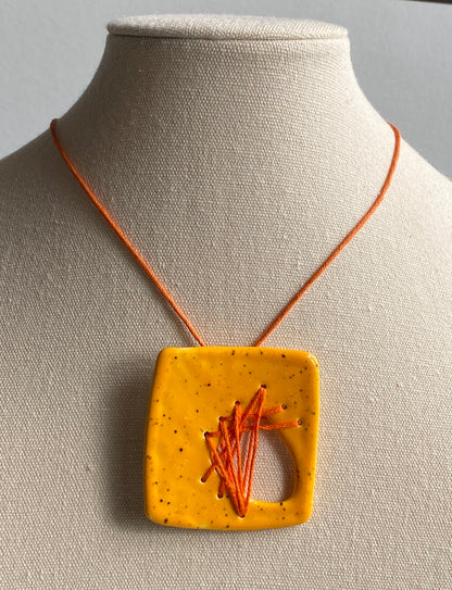 Handmade Ceramic Stitched Pendant Necklace - Square Yellow *reduced