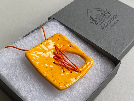 Handmade Ceramic Stitched Pendant Necklace - 5cm Square, Yolky Yellow Glaze, Bright Orange Stitching