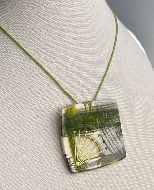 Handmade Ceramic Pendant Necklace - Fresh Spring Zesty Green, Unique Brushstroke Design, Gift-Ready Packaging