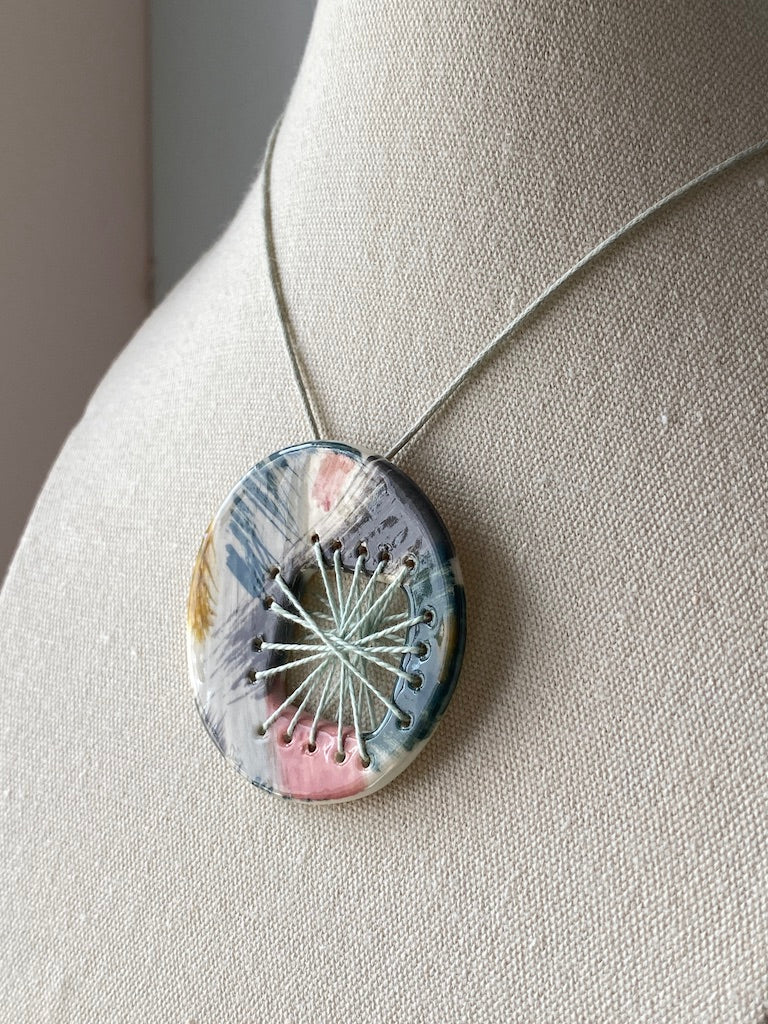 Handmade Ceramic Round Pendant - Pinks and Teal