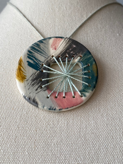 Handmade Ceramic Round Pendant - Pinks and Teal