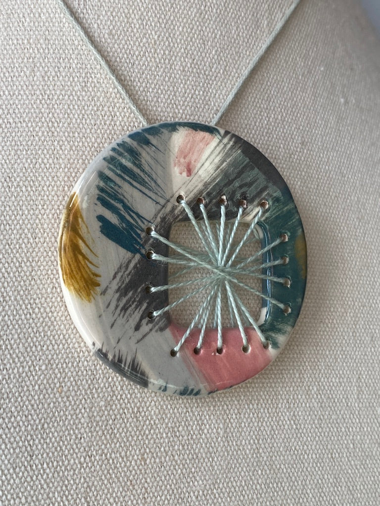 Handmade Ceramic Round Pendant - Pinks and Teal