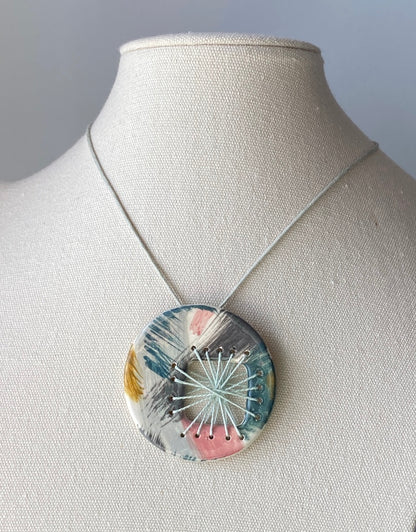 Handmade Ceramic Round Pendant - Pinks and Teal